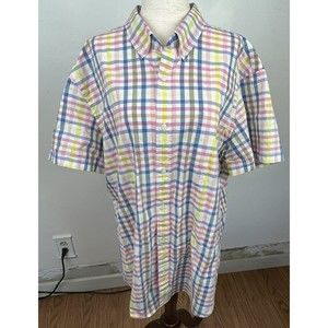 J Crew Flex Washed Men's Short Sleeved Blue Pink Plaid Button Up Size X-Large